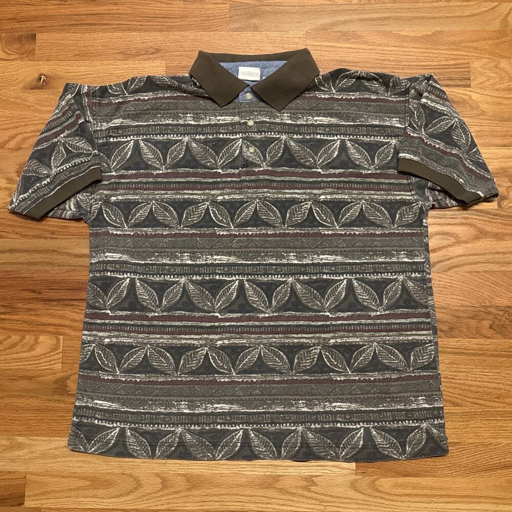 VTG Bugle Boy Polo Shirt Mens XL Multicolor Leaf Short Sleeve Button Up Preppy